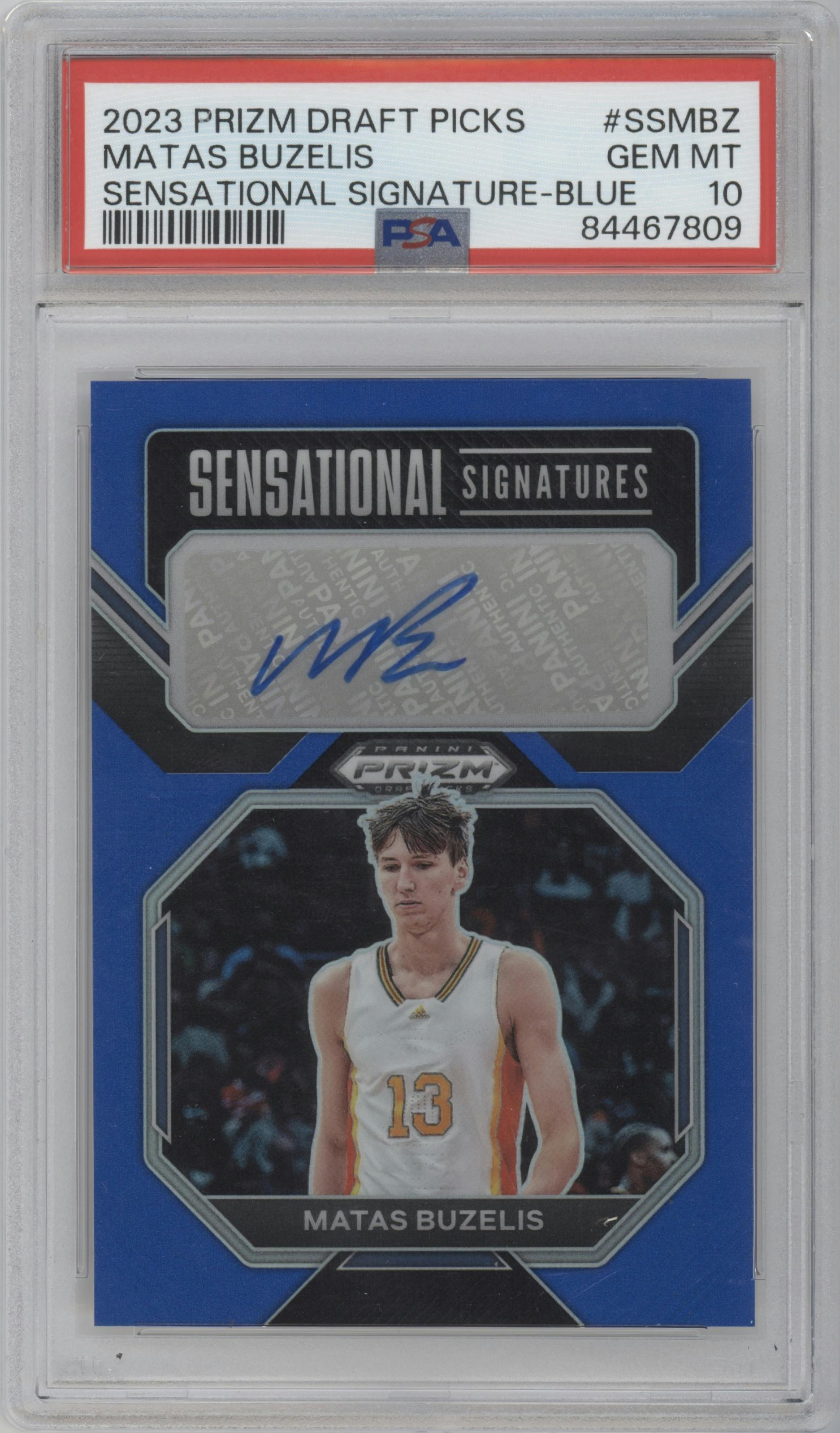 Matas Buzelis from the 2023-24 Panini Prizm Draft Picks set featuring a Blue Prizm parallel graded by PSA and given an overall grade of 10.