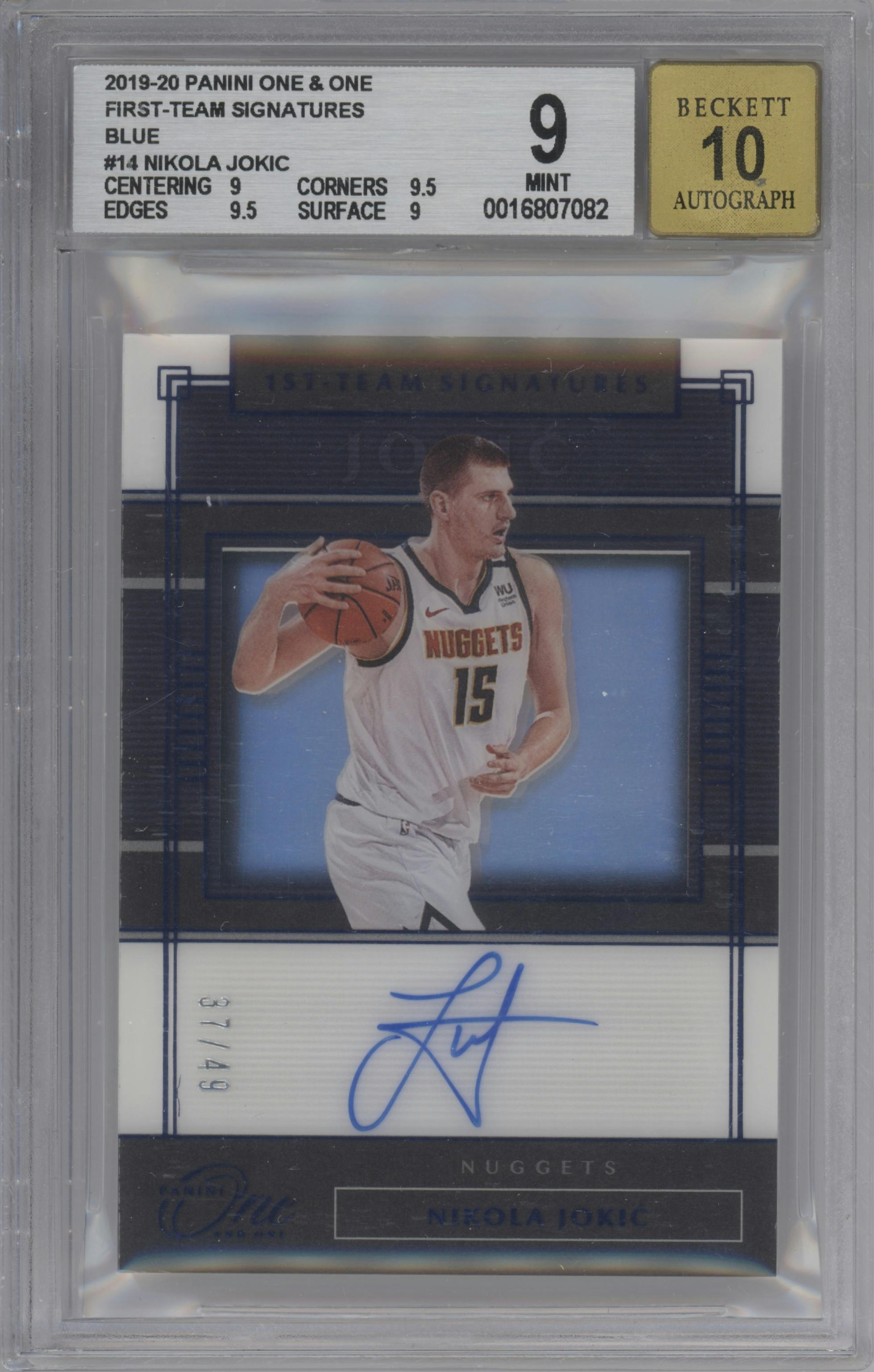 Nikola Jokic from the 2019-20 Panini One and One set featuring a Blue parallel graded by Beckett and given an overall grade of 9.