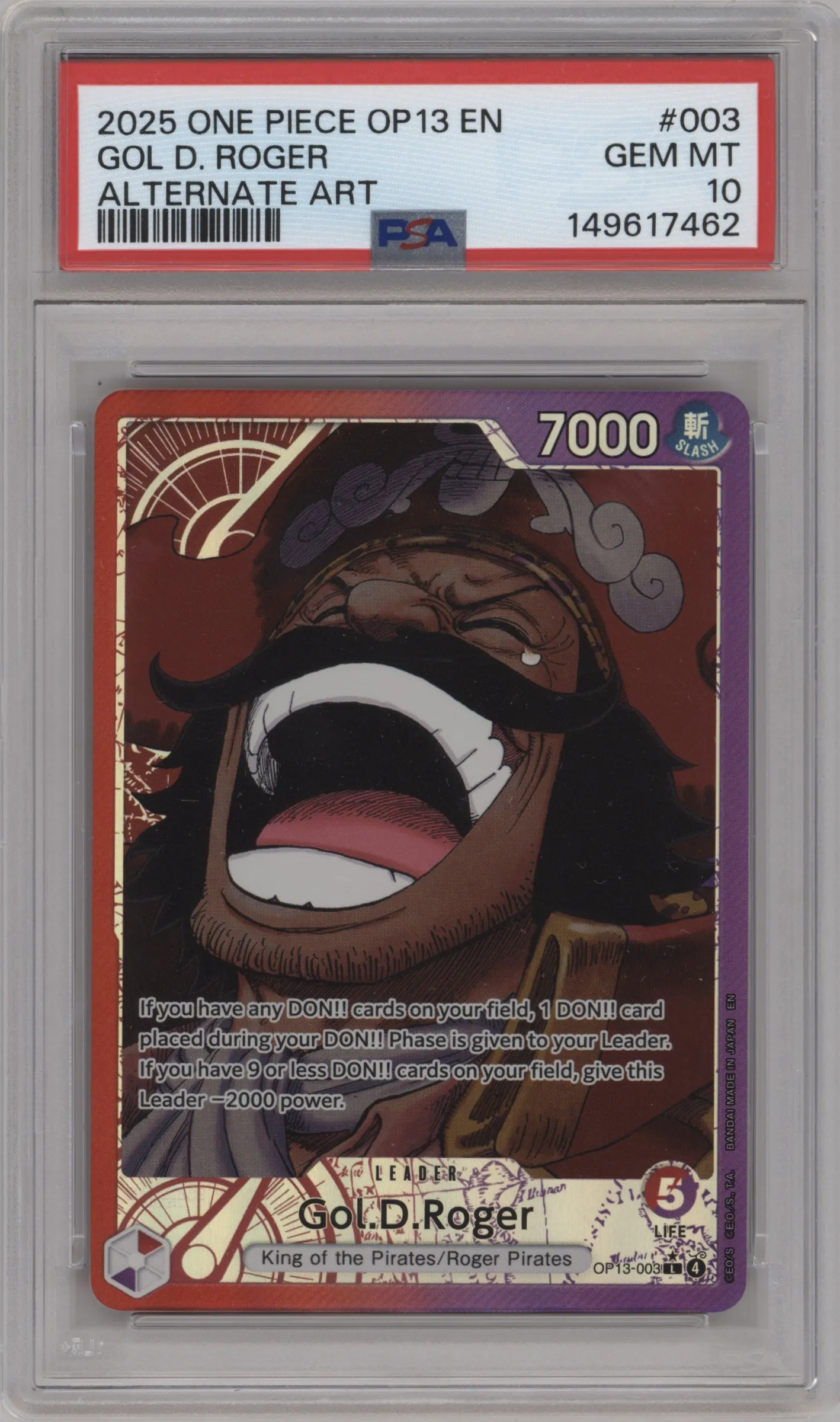 2025 One Piece Carrying On His Will Gol.D.Roger Alternate Art L #OP13-003 L PSA 10