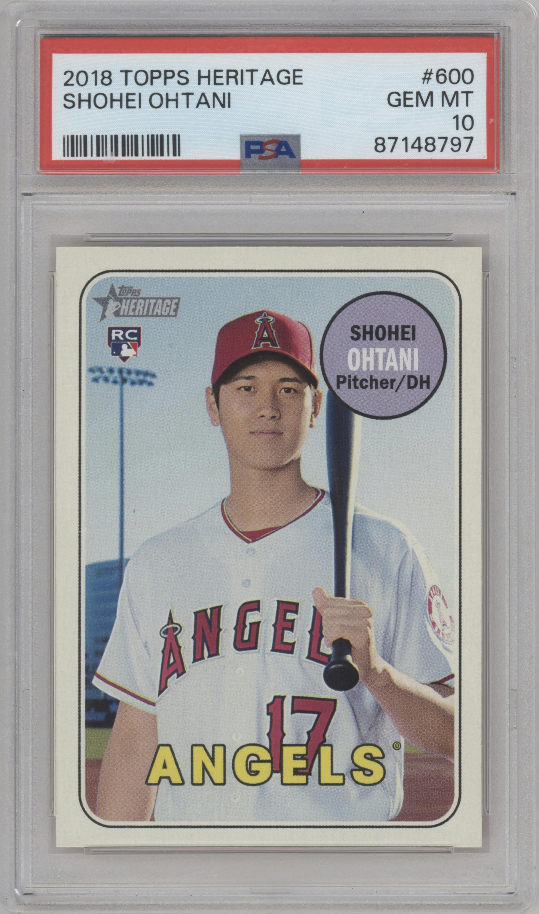 Shohei Ohtani from the 2018 Topps Heritage High Number set graded by PSA and given an overall grade of 10.