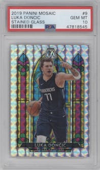 Luka Doncic from the 2019-20 Panini Mosaic  set graded by PSA and given an overall grade of 10.