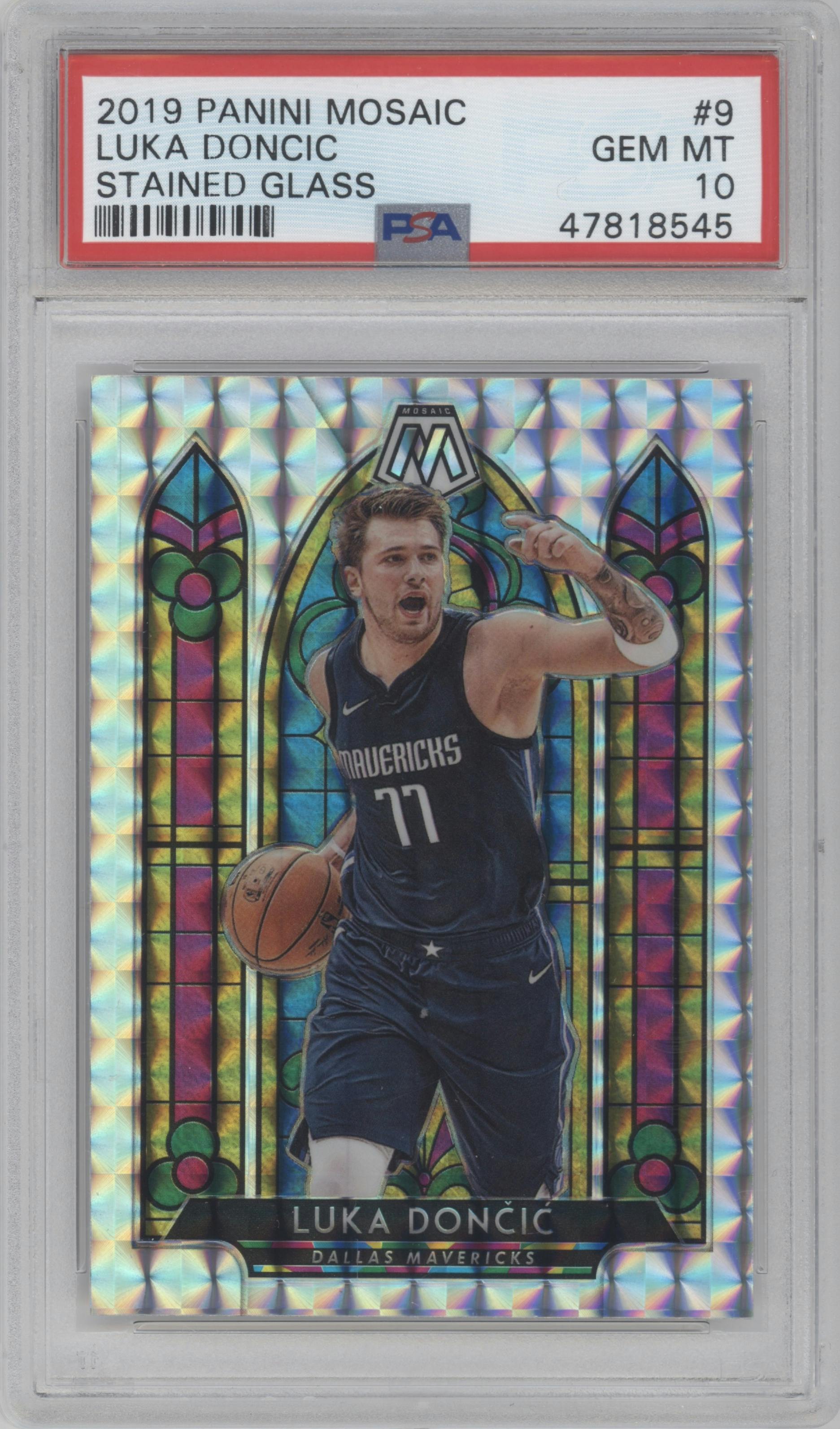 Luka Doncic from the 2019-20 Panini Mosaic  set graded by PSA and given an overall grade of 10.