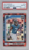 Brian Thomas Jr. from the 2024 Donruss set featuring a Red Pandora parallel graded by PSA and given an overall grade of 10.