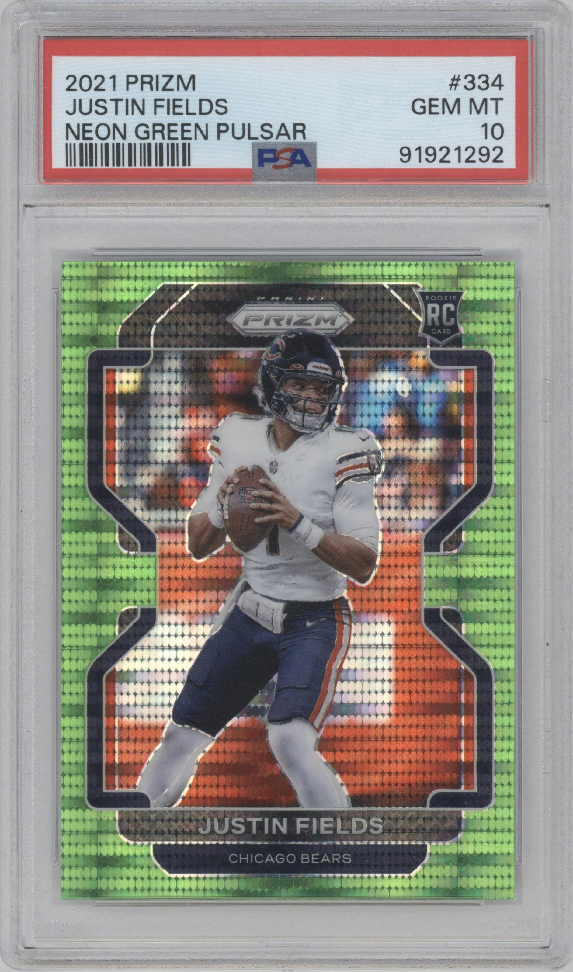 Justin Fields from the 2021 Panini Prizm set featuring a  Neon Green Pulsar parallel graded by PSA and given an overall grade of 10.
