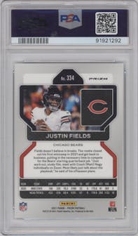 Justin Fields from the 2021 Panini Prizm set featuring a  Neon Green Pulsar parallel graded by PSA and given an overall grade of 10.