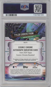 Tyler Soderstrom from the 2024 Topps Cosmic Chrome set featuring a Orange Galactic Refractor parallel graded by PSA and given an overall grade of 10.