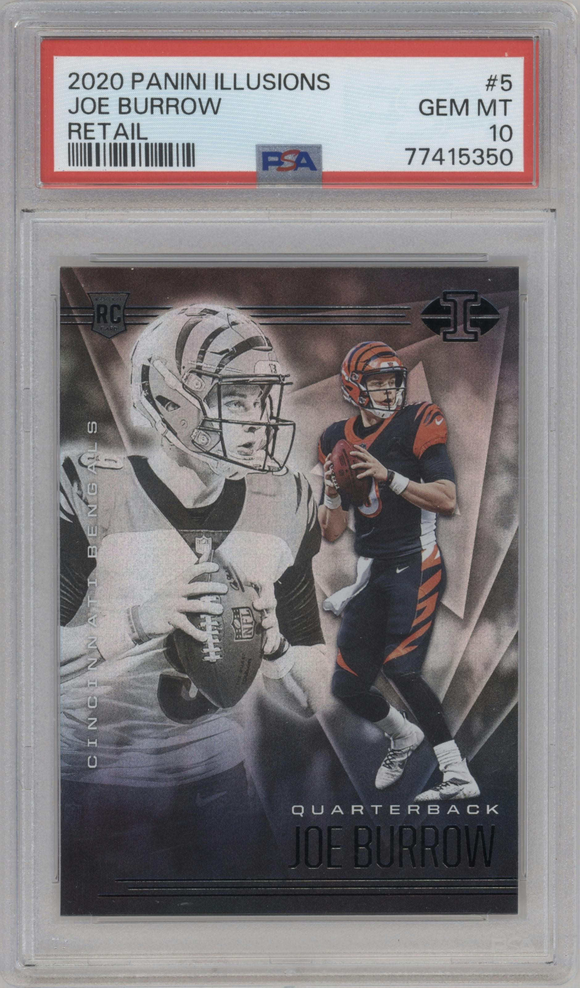 Joe Burrow from the 2020 Panini Illusions set featuring a Retail parallel graded by PSA and given an overall grade of 10.