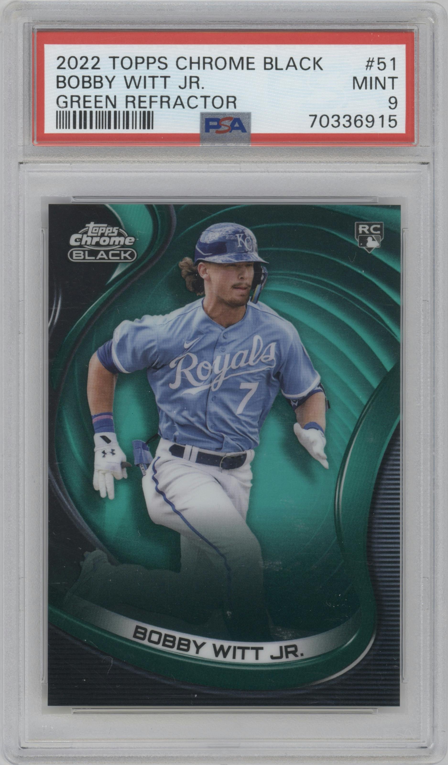 Bobby Witt Jr. from the 2022 Topps Chrome Black set featuring a Green Refractor parallel graded by PSA and given an overall grade of 9.