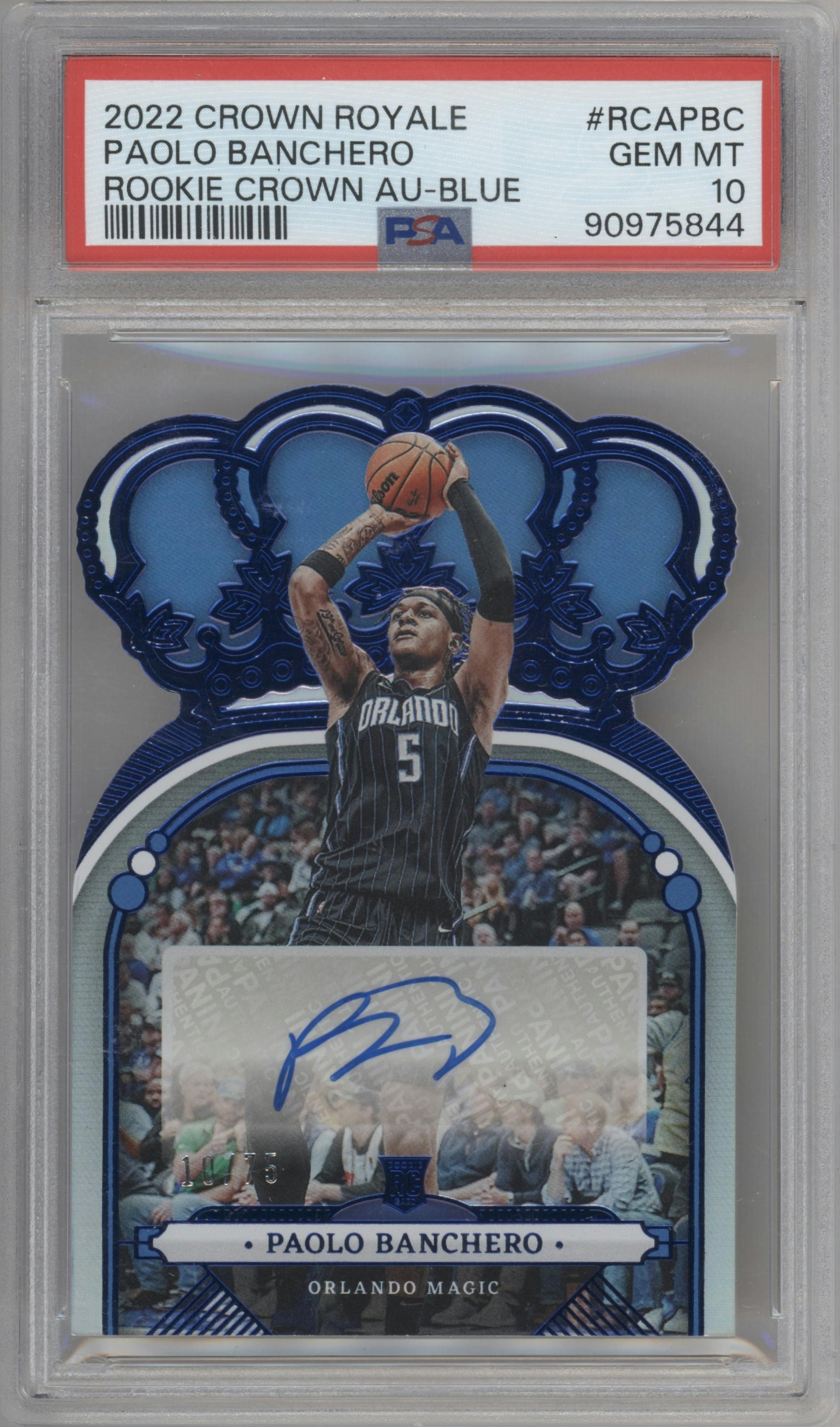 Paolo Banchero from the 2022-23 Panini Crown Royale set featuring a Blue parallel graded by PSA and given an overall grade of 10.