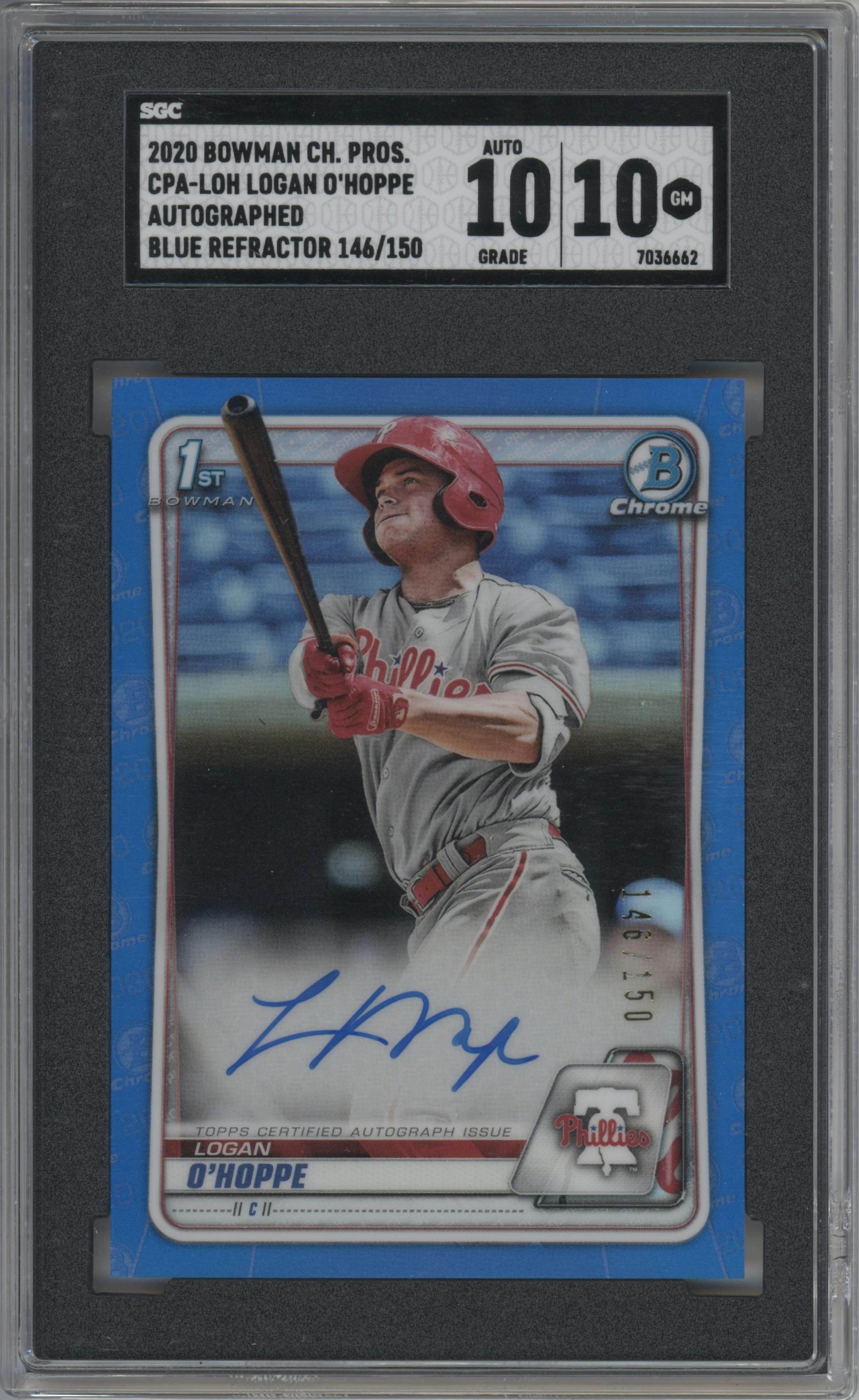 Logan O'Hoppe from the 2020 Bowman Chrome set featuring a Blue Refractor parallel graded by SGC and given an overall grade of 10.