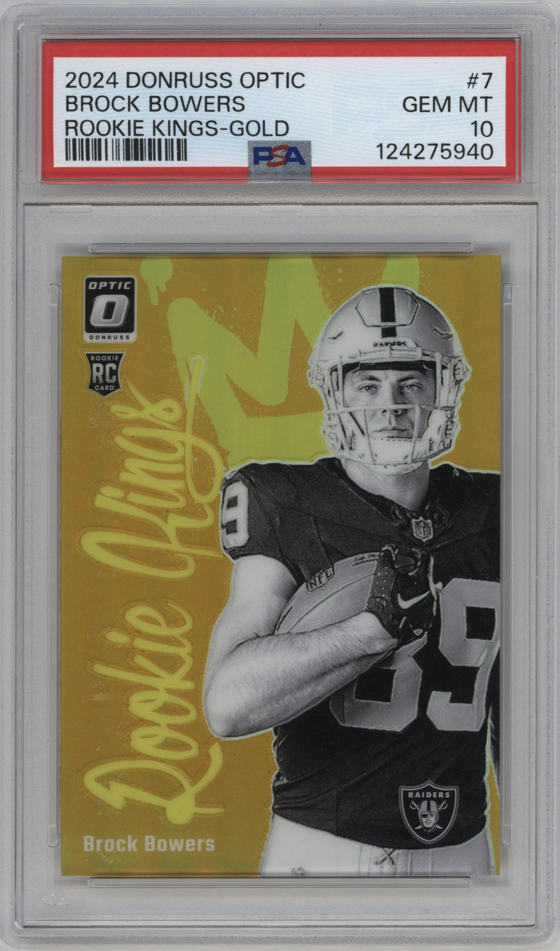 Brock Bowers from the 2024 Donruss Optic set featuring a Gold parallel graded by PSA and given an overall grade of 10.