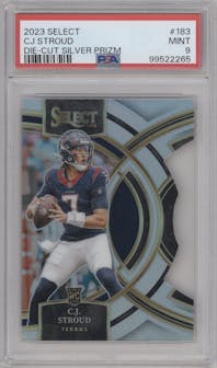 C.J. Stroud from the 2023 Panini Select set featuring a Die-Cut Silver parallel graded by PSA and given an overall grade of 9.