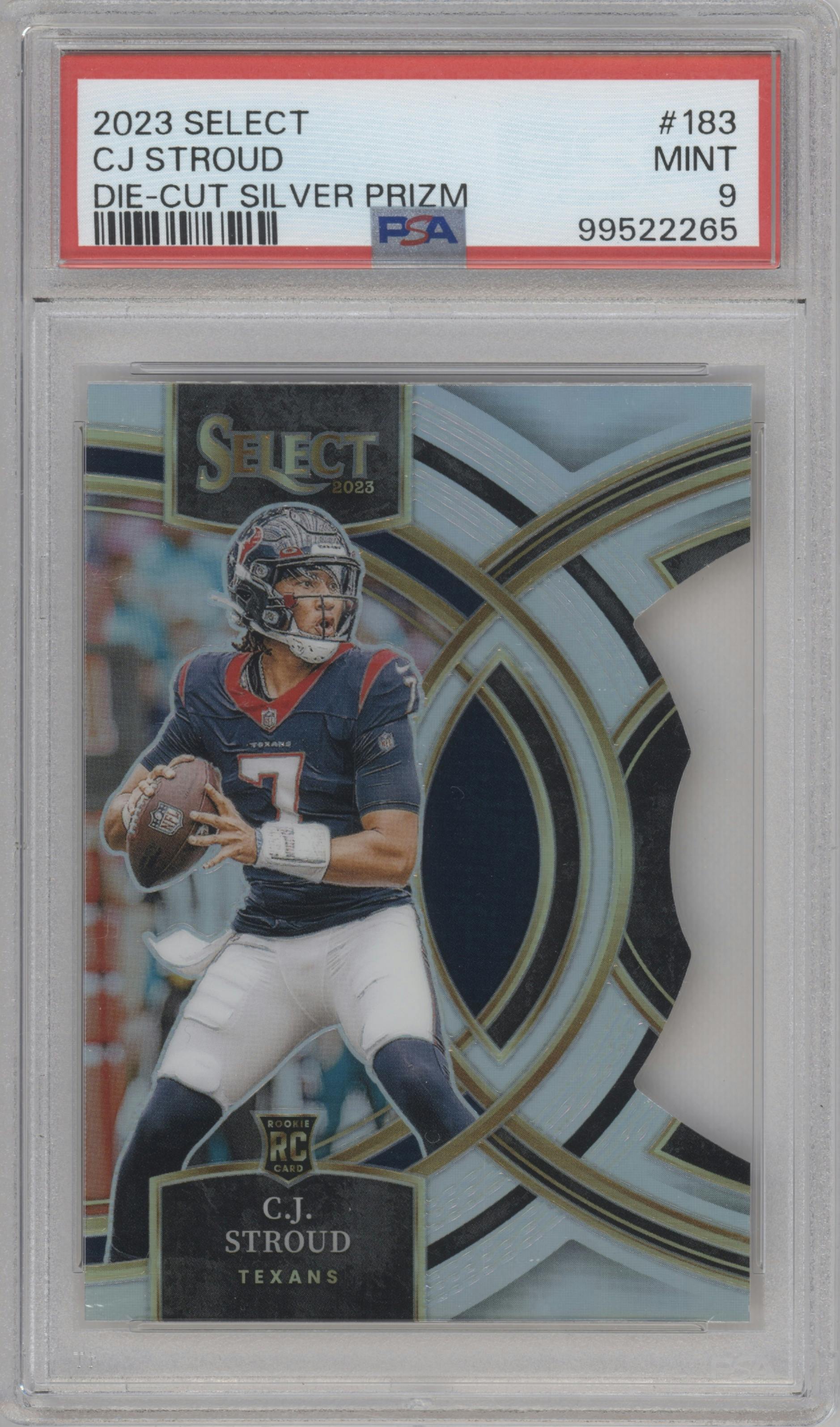 C.J. Stroud from the 2023 Panini Select set featuring a Die-Cut Silver parallel graded by PSA and given an overall grade of 9.