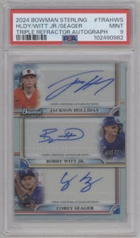 Jackson Holliday/Bobby Witt Jr./Corey Seager from the 2024 Bowman Sterling set graded by PSA and given an overall grade of 9.