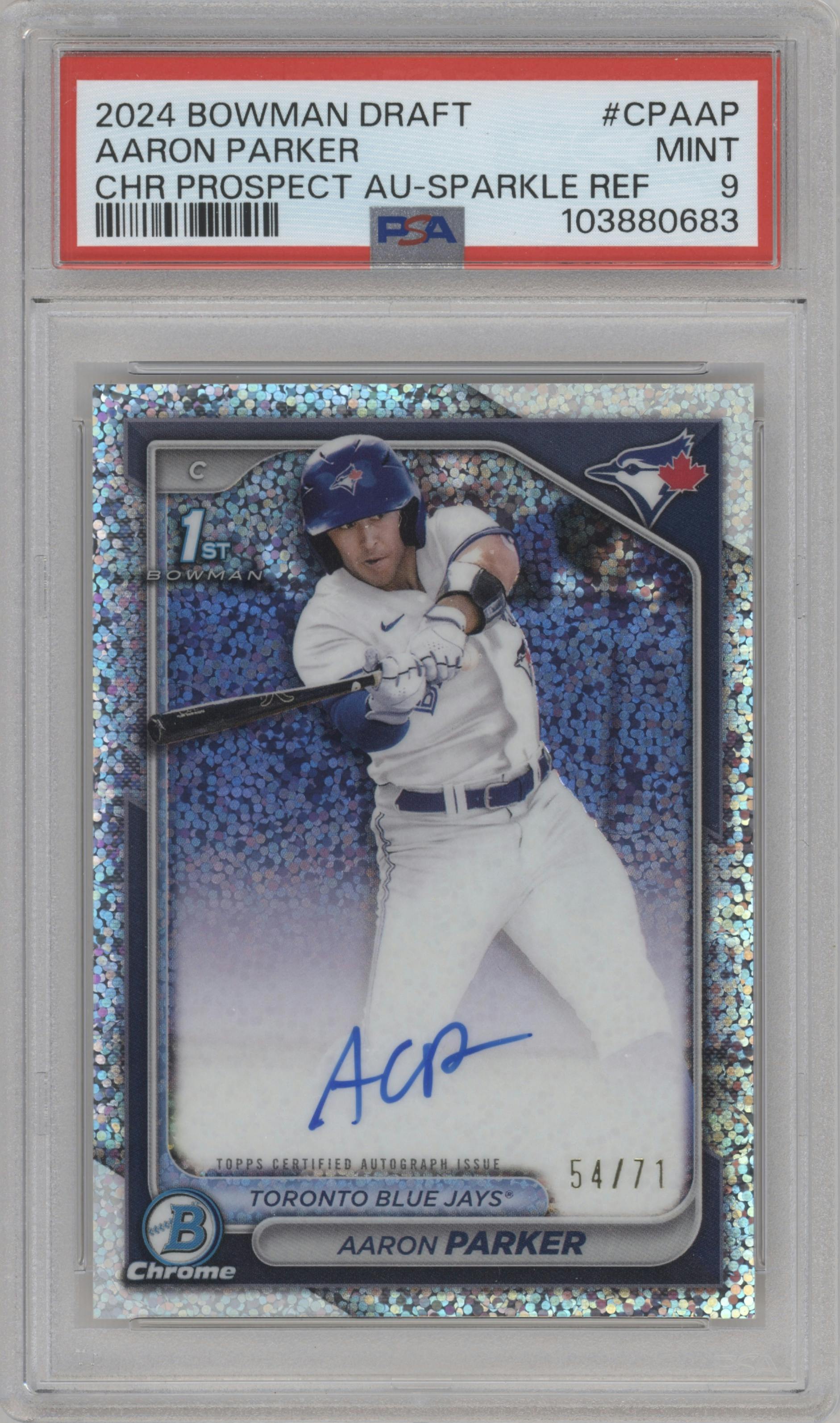 Aaron Parker from the 2024 Bowman Draft set featuring a Sparkle Refractor parallel graded by PSA and given an overall grade of 9.