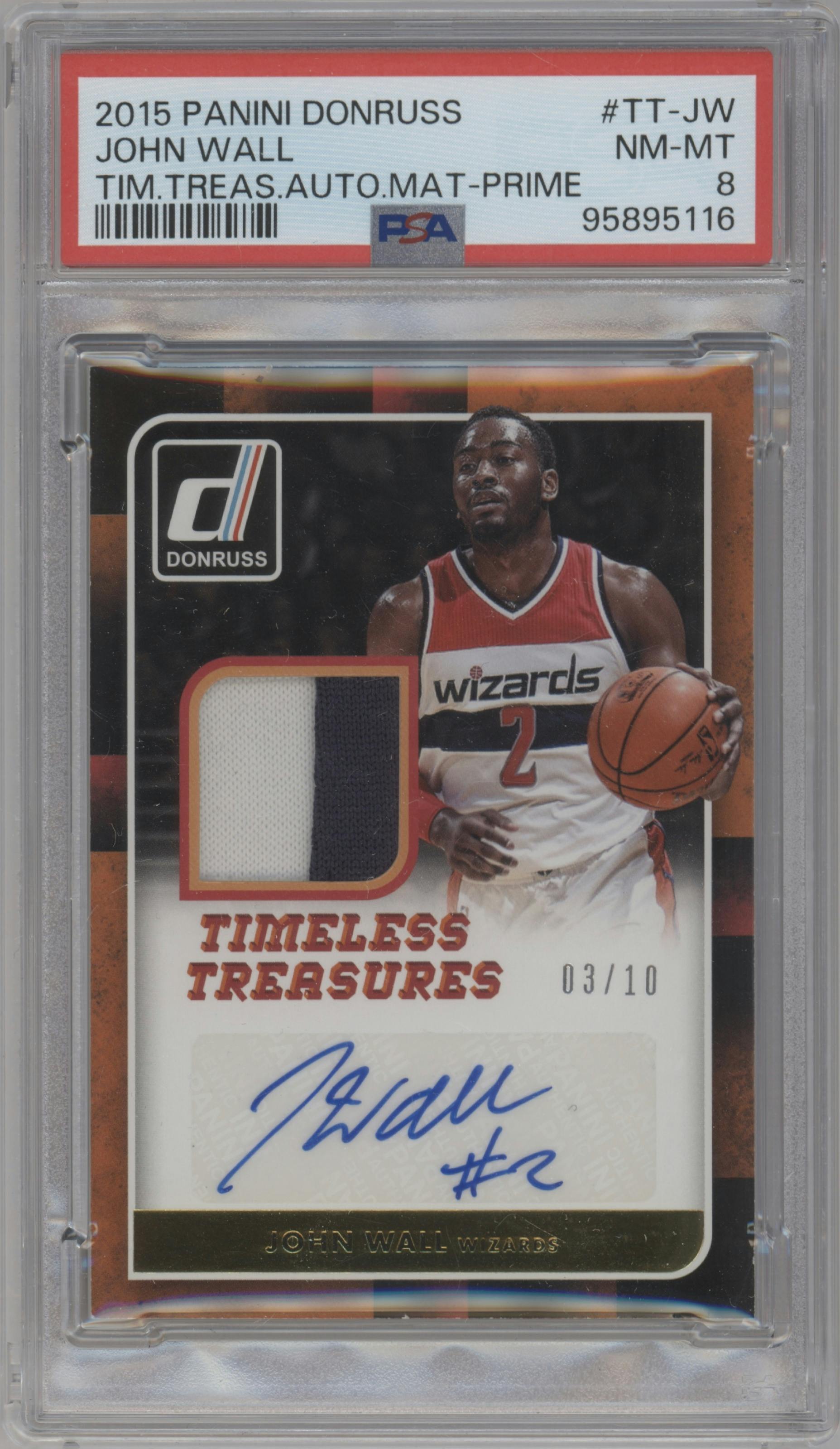 John Wall from the 2015-16 Panini Donruss Basketball set featuring a Prime parallel graded by PSA and given an overall grade of 8.