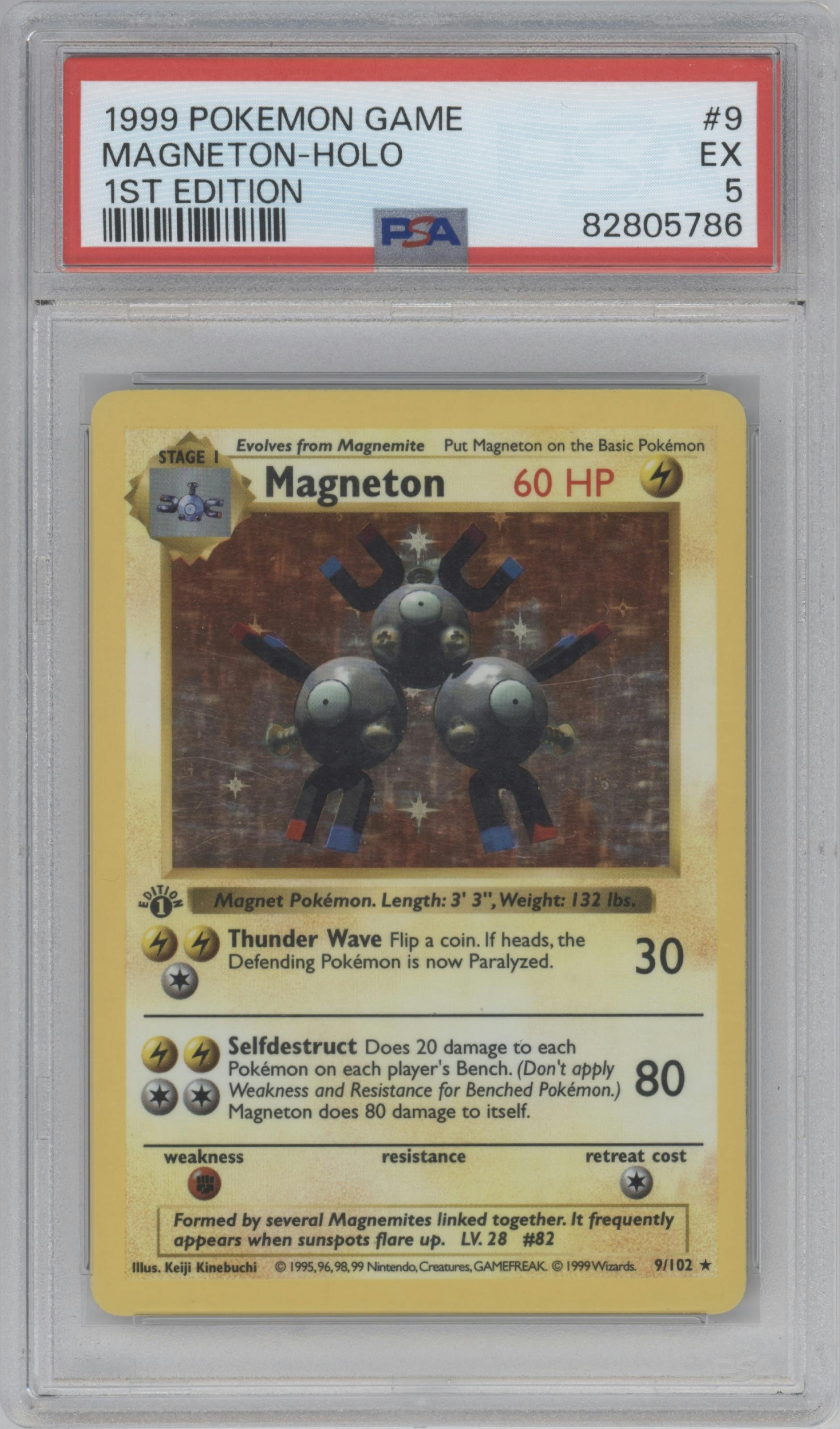 Magneton from the 1999 Pokemon set graded by PSA and given an overall grade of 5.