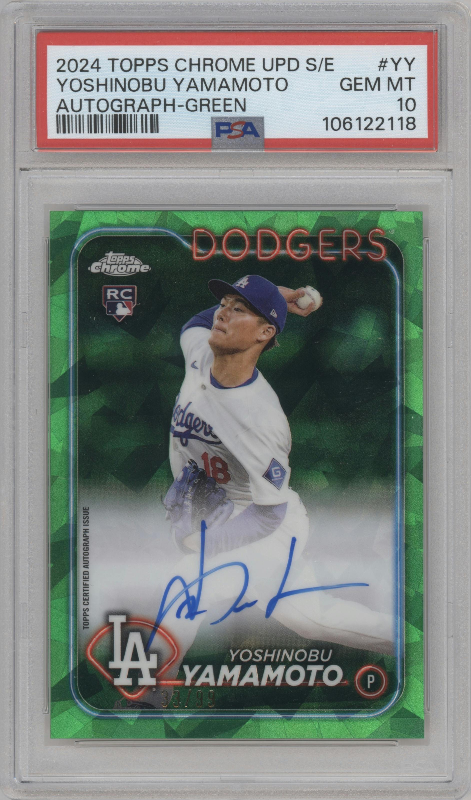 Yoshinobu Yamamoto from the 2024 Topps Chrome Update Sapphire Edition set featuring a Green Sapphire Refractor parallel graded by PSA and given an overall grade of 10.