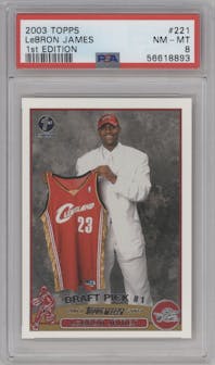 LeBron James from the 2003-04 Topps set featuring a 1st Edition parallel graded by PSA and given an overall grade of 8.
