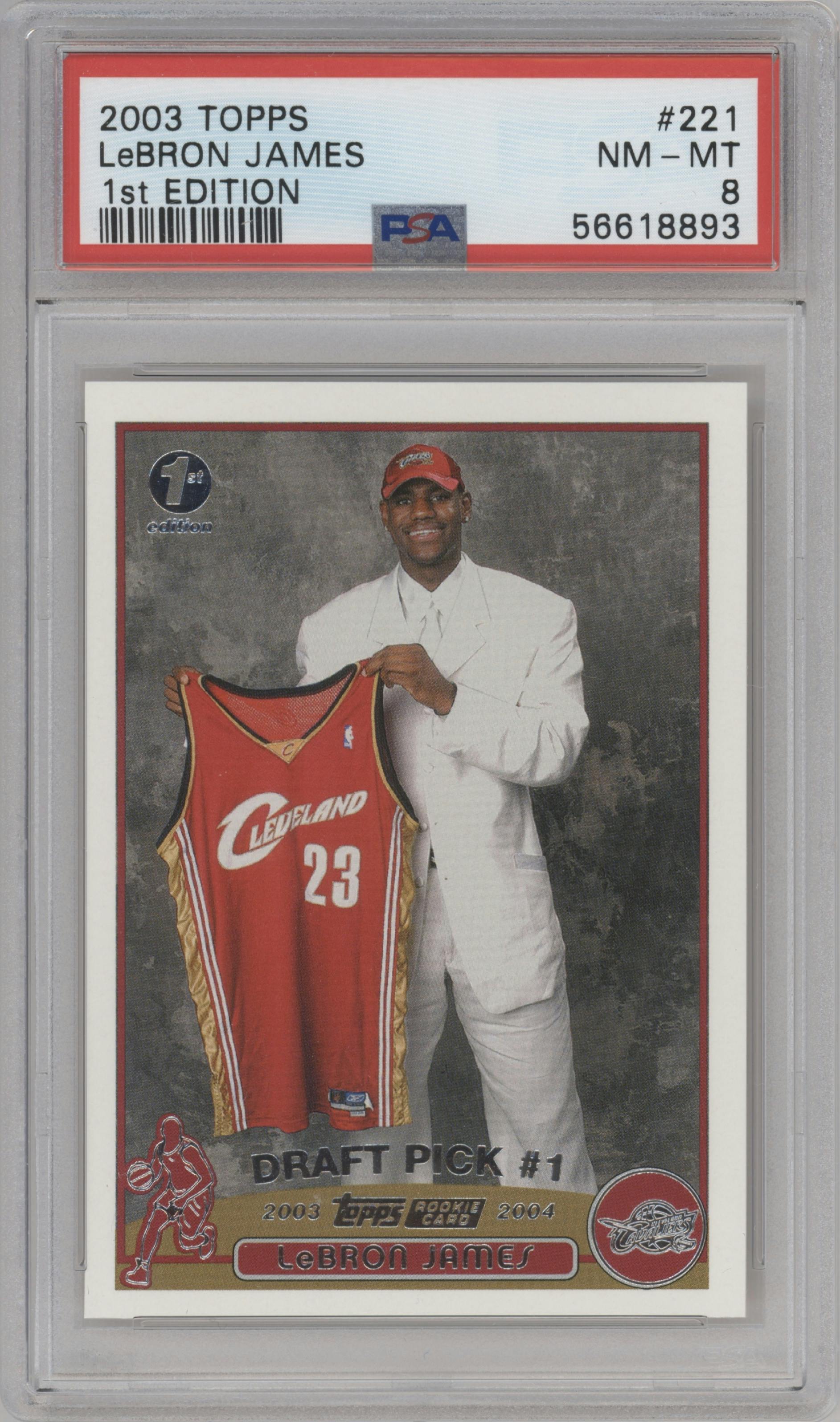 LeBron James from the 2003-04 Topps set featuring a 1st Edition parallel graded by PSA and given an overall grade of 8.