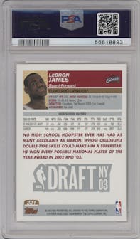 LeBron James from the 2003-04 Topps set featuring a 1st Edition parallel graded by PSA and given an overall grade of 8.
