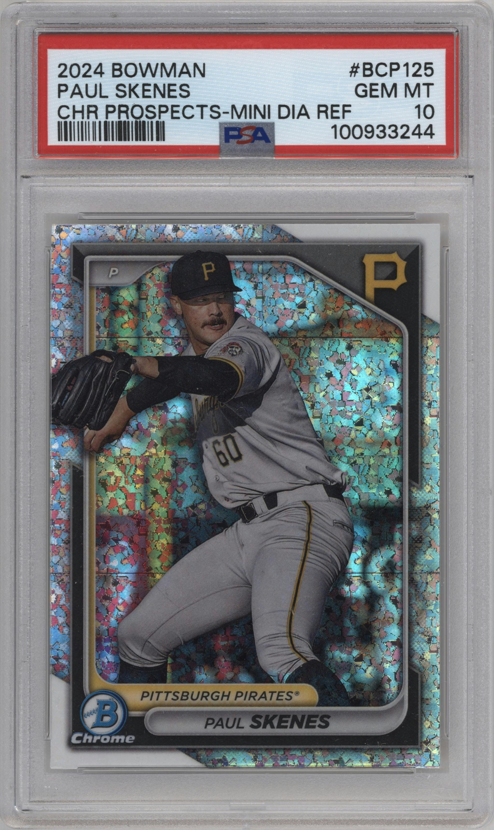 Paul Skenes from the 2024 Bowman set featuring a Mini-Diamond Refractor parallel graded by PSA and given an overall grade of 10.