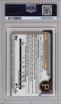 Paul Skenes from the 2024 Bowman set featuring a Mini-Diamond Refractor parallel graded by PSA and given an overall grade of 10.