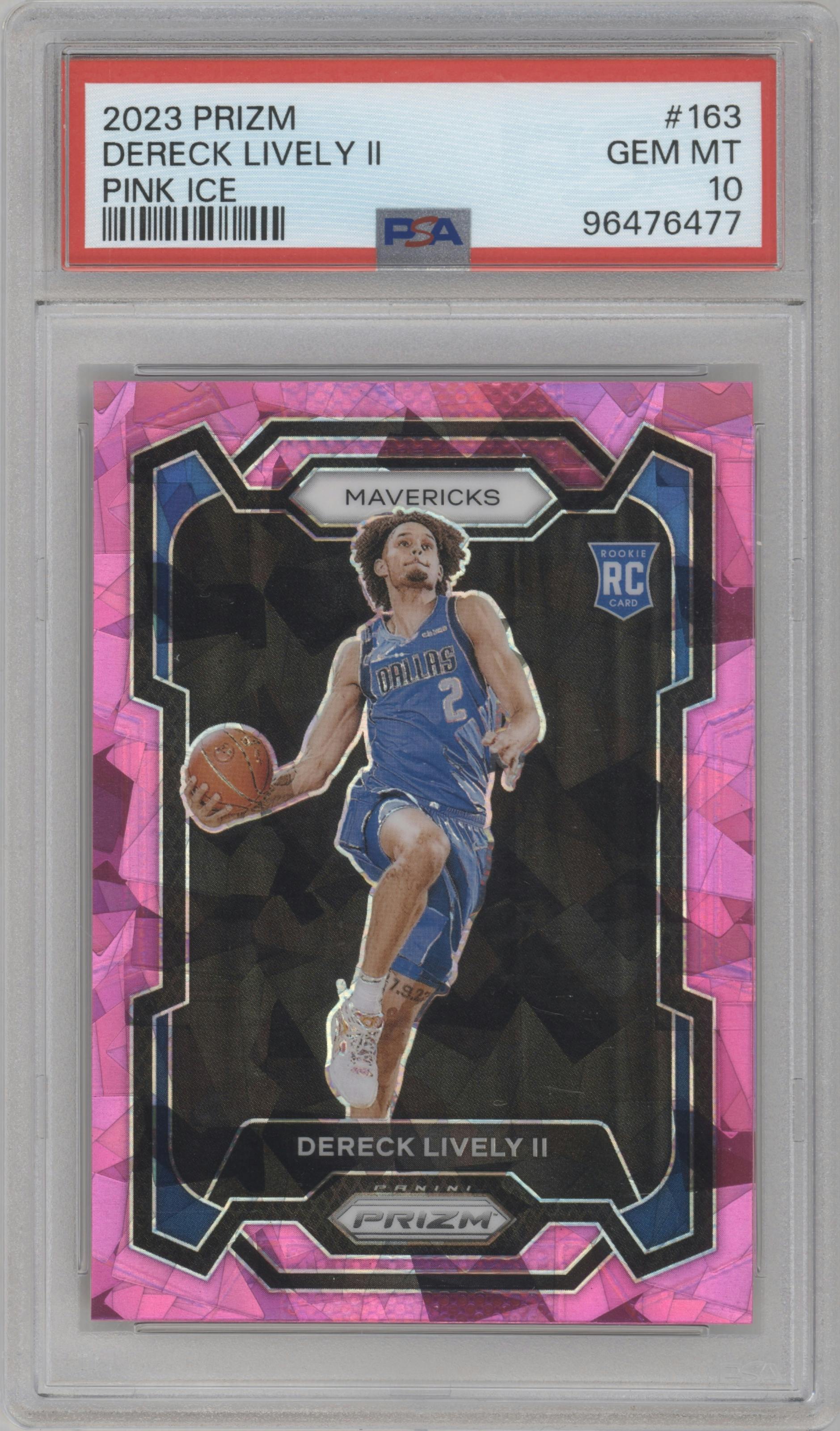Dereck Lively II from the 2023-24 Panini Prizm set featuring a Pink Ice parallel graded by PSA and given an overall grade of 10.
