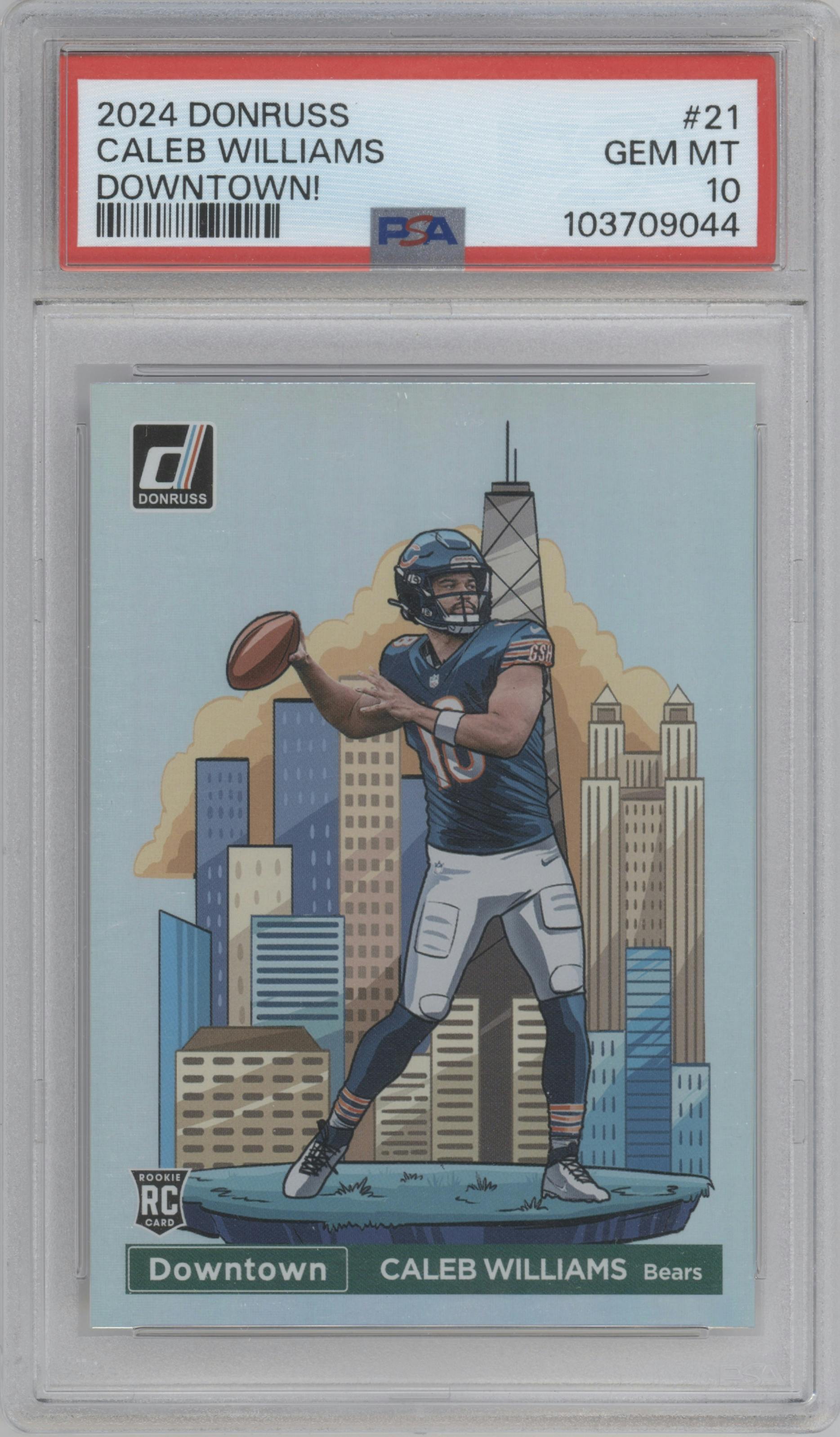Caleb Williams from the 2024 Donruss set graded by PSA and given an overall grade of 10.