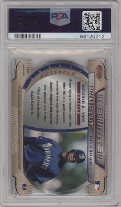 Ken Griffey Jr. from the 1996 Bowman's Best set featuring a Atomic Refractor parallel graded by PSA and given an overall grade of 8.