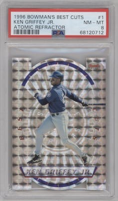 Ken Griffey Jr. from the 1996 Bowman's Best set featuring a Atomic Refractor parallel graded by PSA and given an overall grade of 8.