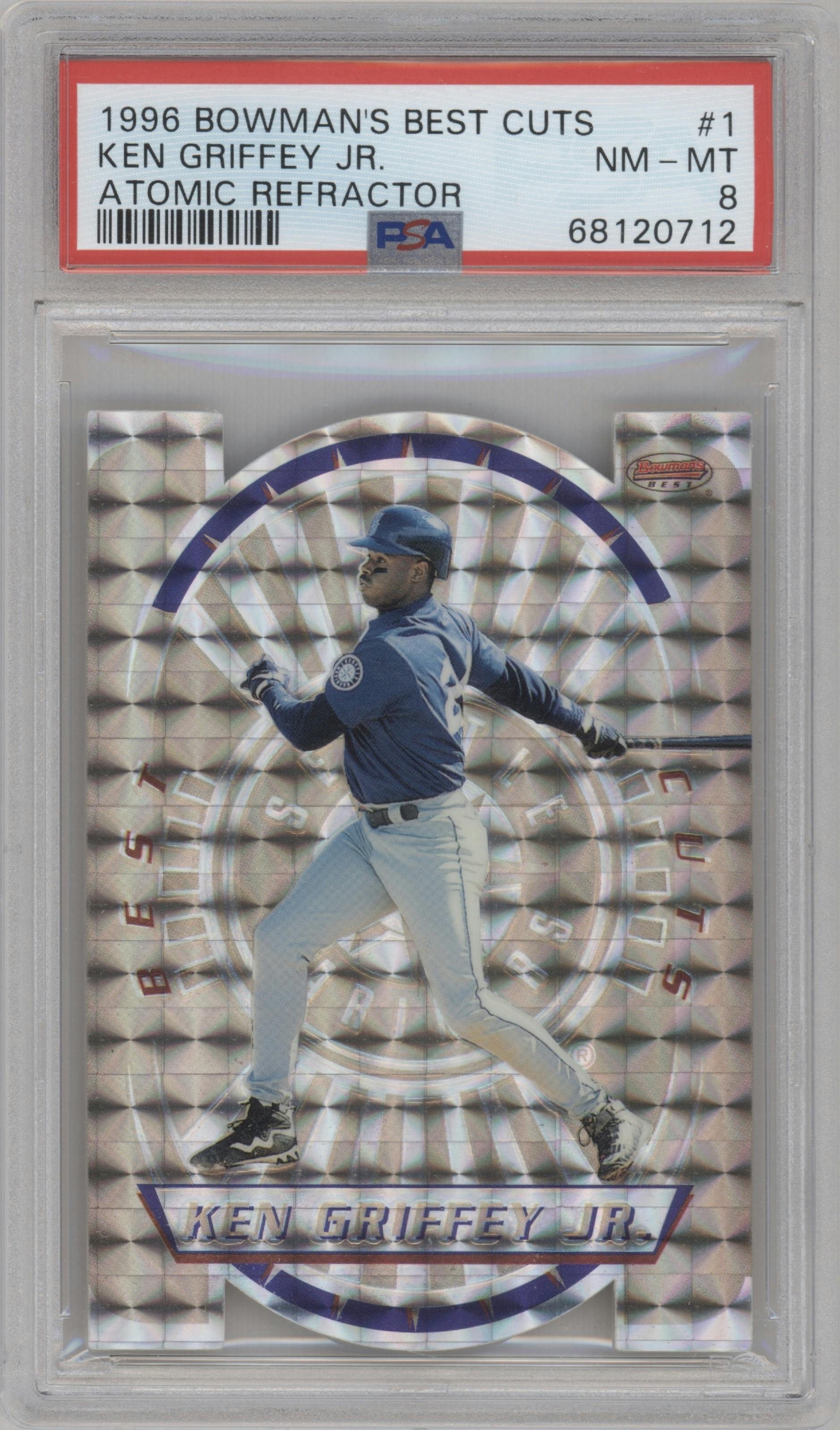 Ken Griffey Jr. from the 1996 Bowman's Best set featuring a Atomic Refractor parallel graded by PSA and given an overall grade of 8.