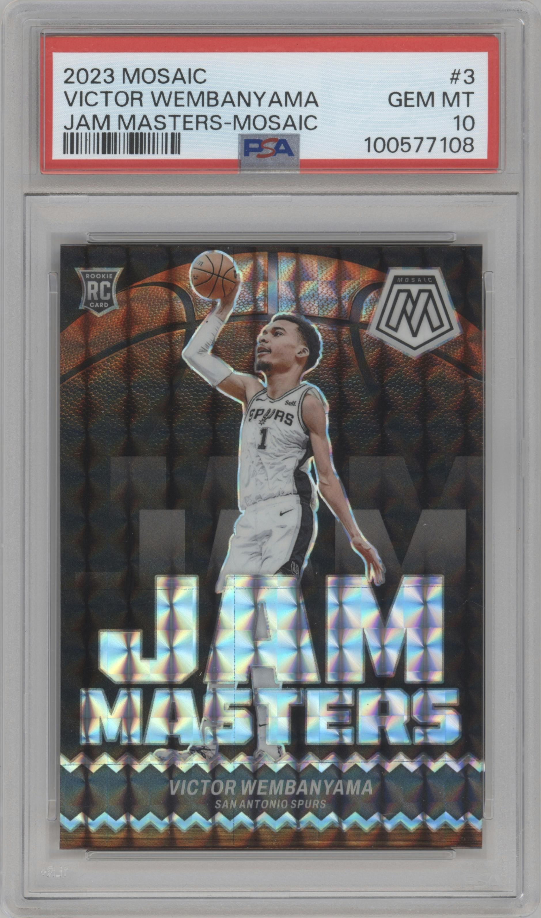 Victor Wembanyama from the 2023-24 Panini Mosaic set featuring a Mosaic parallel graded by PSA and given an overall grade of 10.