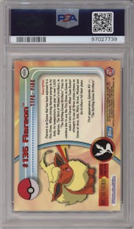 Flareon from the 2000 Pokemon set featuring a Foil parallel graded by PSA and given an overall grade of 9.