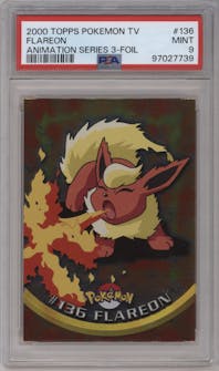 Flareon from the 2000 Pokemon set featuring a Foil parallel graded by PSA and given an overall grade of 9.