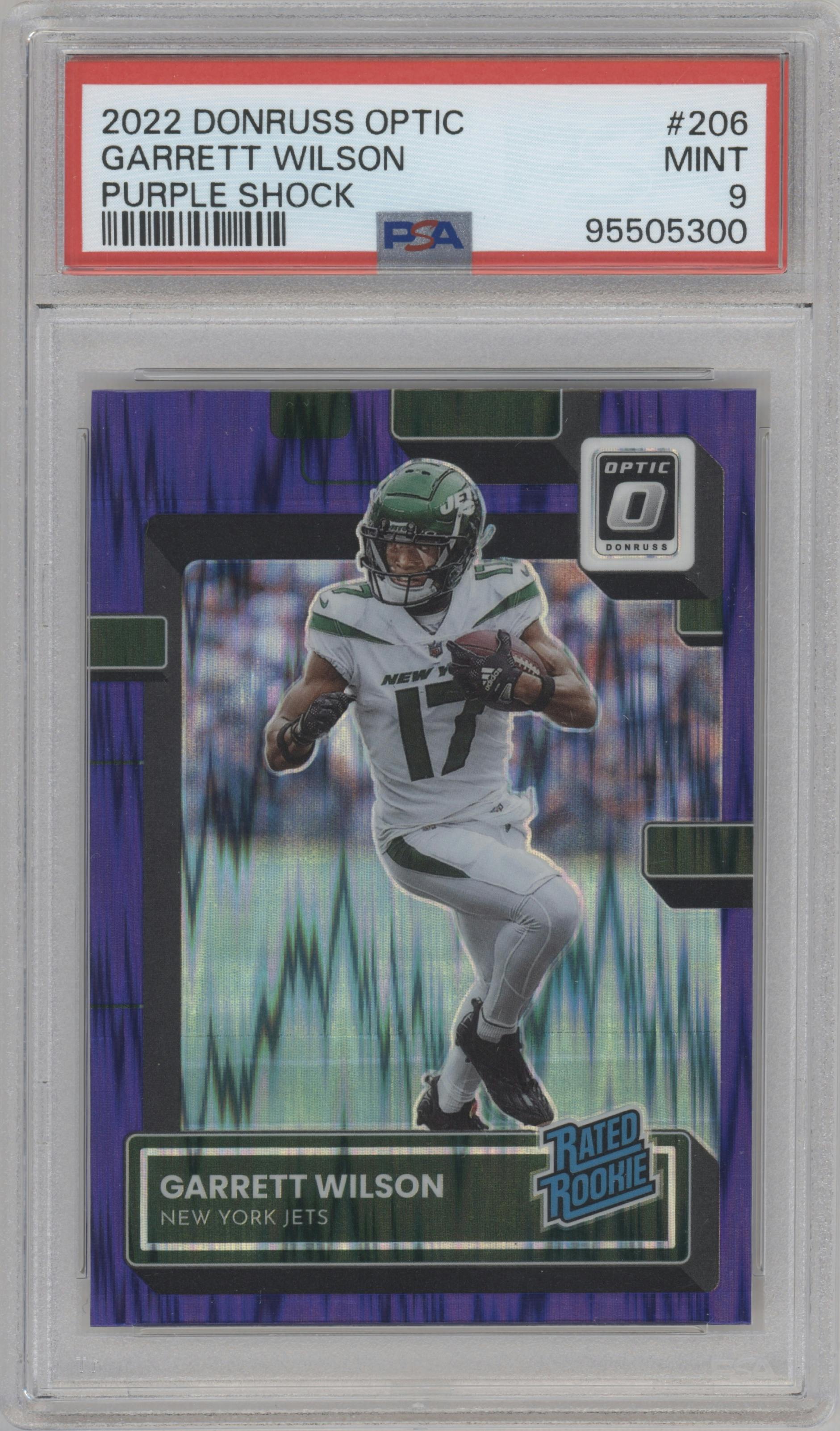Garrett Wilson from the 2022 Panini Donruss Optic set featuring a Purple Shock parallel graded by PSA and given an overall grade of 9.