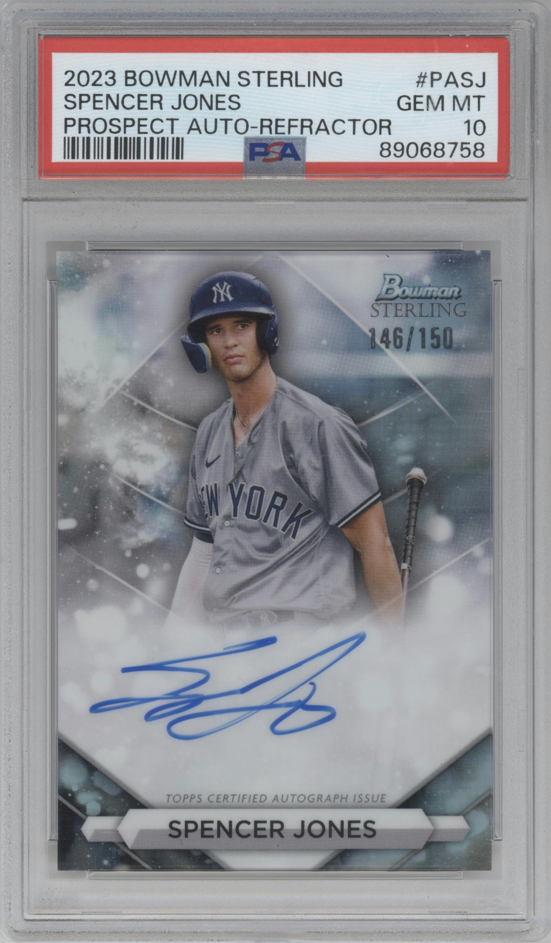 Spencer Jones from the 2023 Bowman Sterling set featuring a Refractor parallel graded by PSA and given an overall grade of 10.