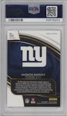 Saquon Barkley from the 2018 Panini Select set featuring a Silver Prizm parallel graded by PSA and given an overall grade of 10.