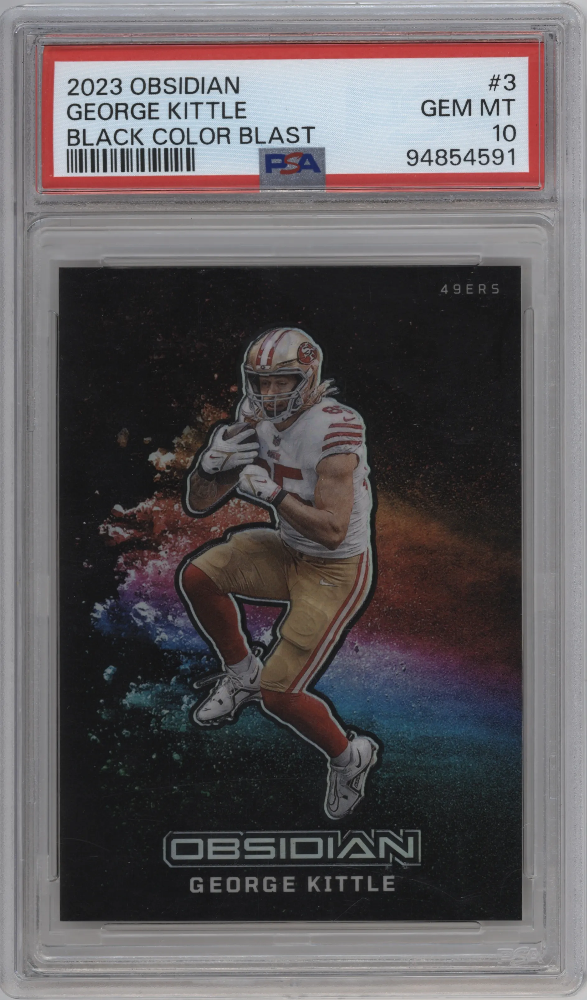 George Kittle from the 2023 Panini Obsidian set graded by PSA and given an overall grade of 10.
