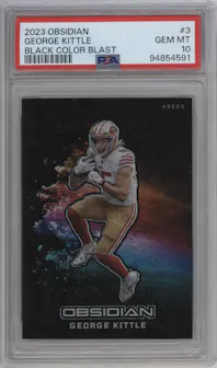 George Kittle from the 2023 Panini Obsidian set graded by PSA and given an overall grade of 10.