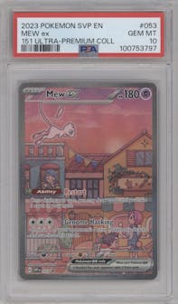 Mew ex from the 2023 Pokemon SV set featuring a Scarlet & Violet 151 Ultra Premium Collection parallel graded by PSA and given an overall grade of 10.