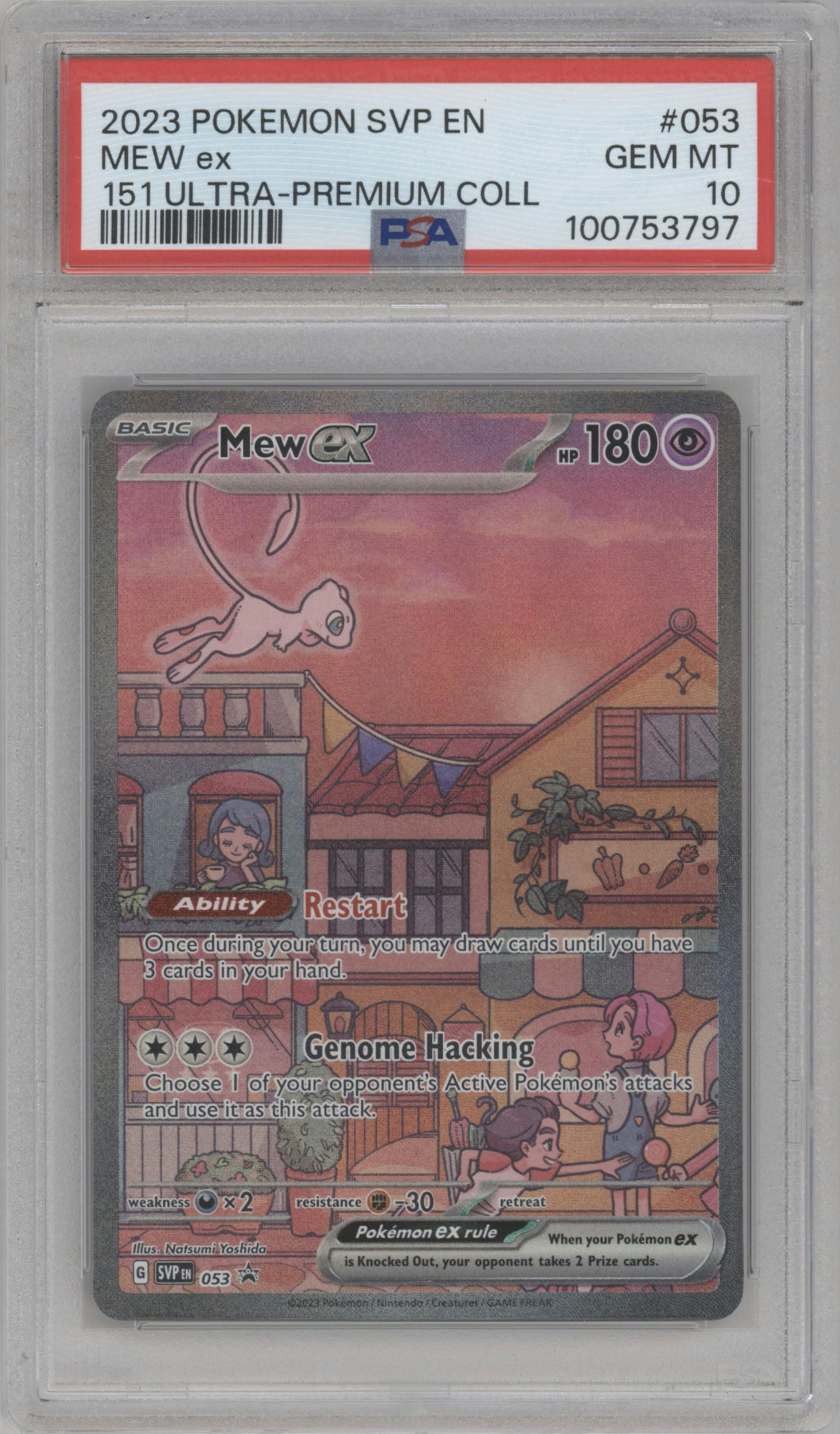 Mew ex from the 2023 Pokemon SV set featuring a Scarlet & Violet 151 Ultra Premium Collection parallel graded by PSA and given an overall grade of 10.