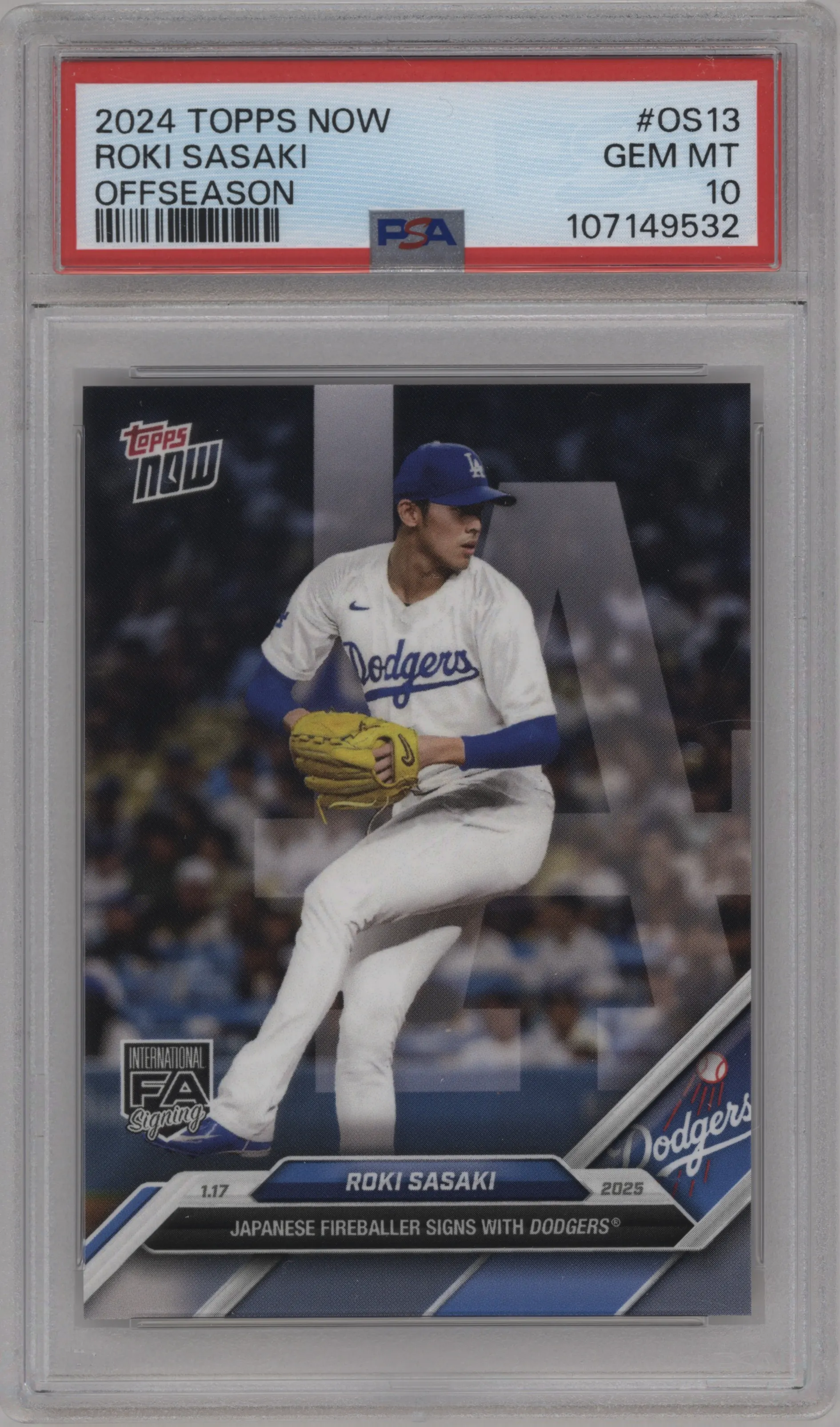 2024 Topps Now Off-Season Roki Sasaki PSA 10