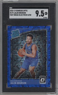 Jalen Brunson from the 2018-19 Panini Donruss Optic set featuring a Fast Break Blue parallel graded by SGC and given an overall grade of 9.5.