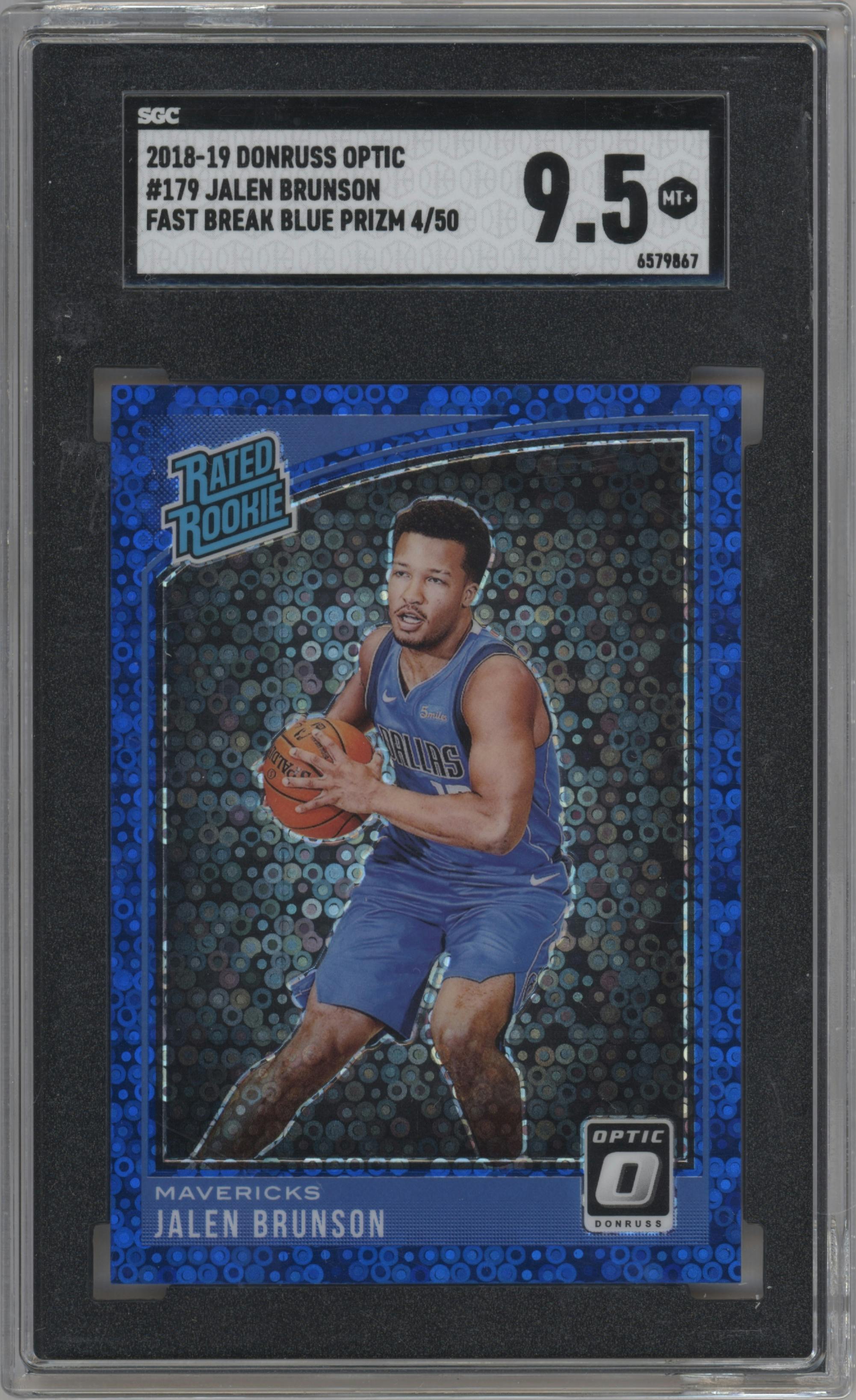 Jalen Brunson from the 2018-19 Panini Donruss Optic set featuring a Fast Break Blue parallel graded by SGC and given an overall grade of 9.5.