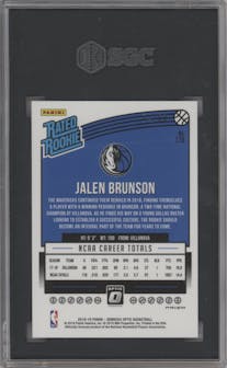 Jalen Brunson from the 2018-19 Panini Donruss Optic set featuring a Fast Break Blue parallel graded by SGC and given an overall grade of 9.5.