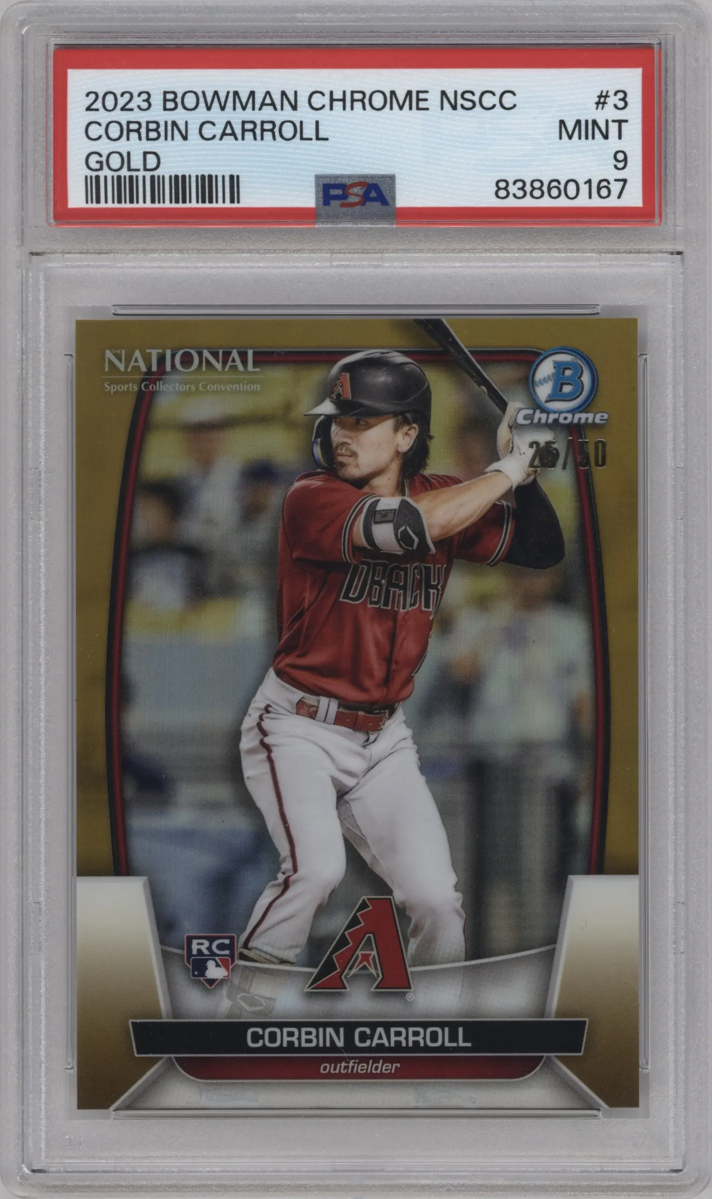 2023 Topps The National VIP Bowman Chrome Corbin Carroll Gold Refractor PSA 9