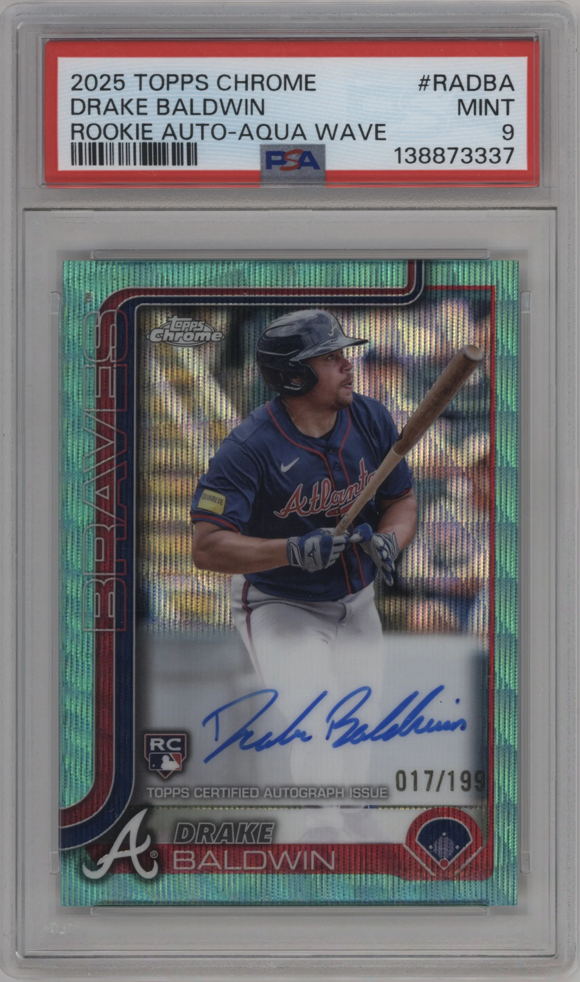 2025 Topps Chrome Rke.Auto Drake Baldwin Aqua Wave Ref. #RA-DBA PSA 9