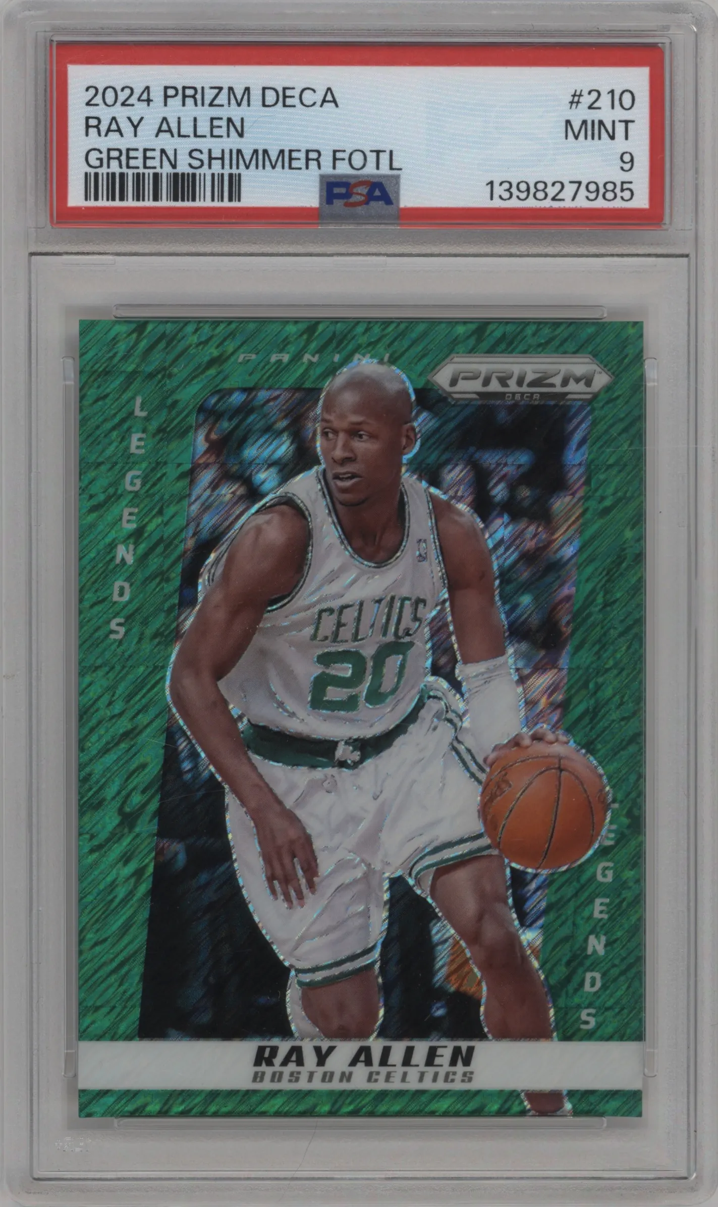 2024 Panini Prizm Deca Ray Allen Green Shimmer FOTL #210 PSA 9