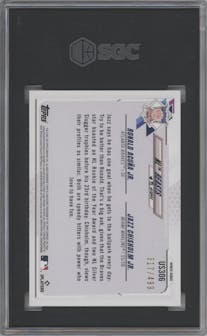 Ronald Acuna Jr/Jazz Chisholm Jr from the 2021 Topps Update set featuring a Green Foil parallel graded by SGC and given an overall grade of 9.5.